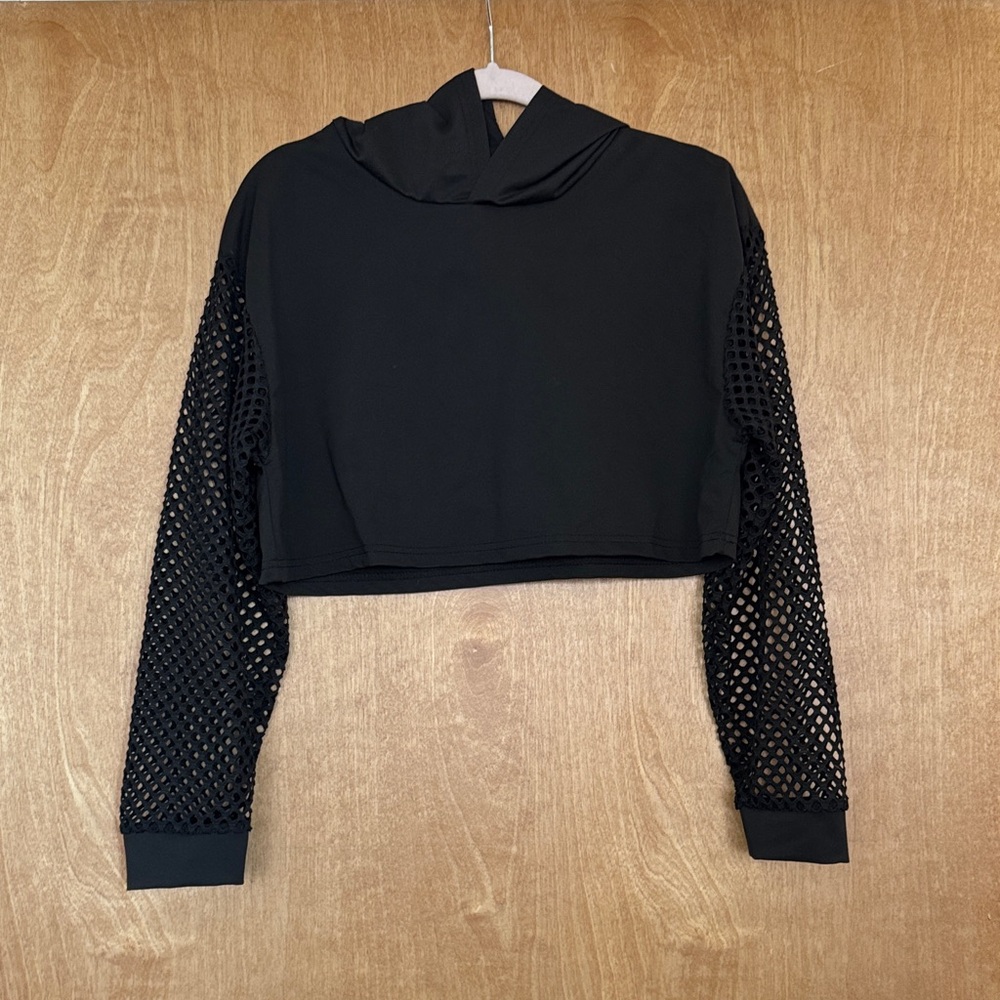 Black Mesh Sleeve Crop Top Hoodie